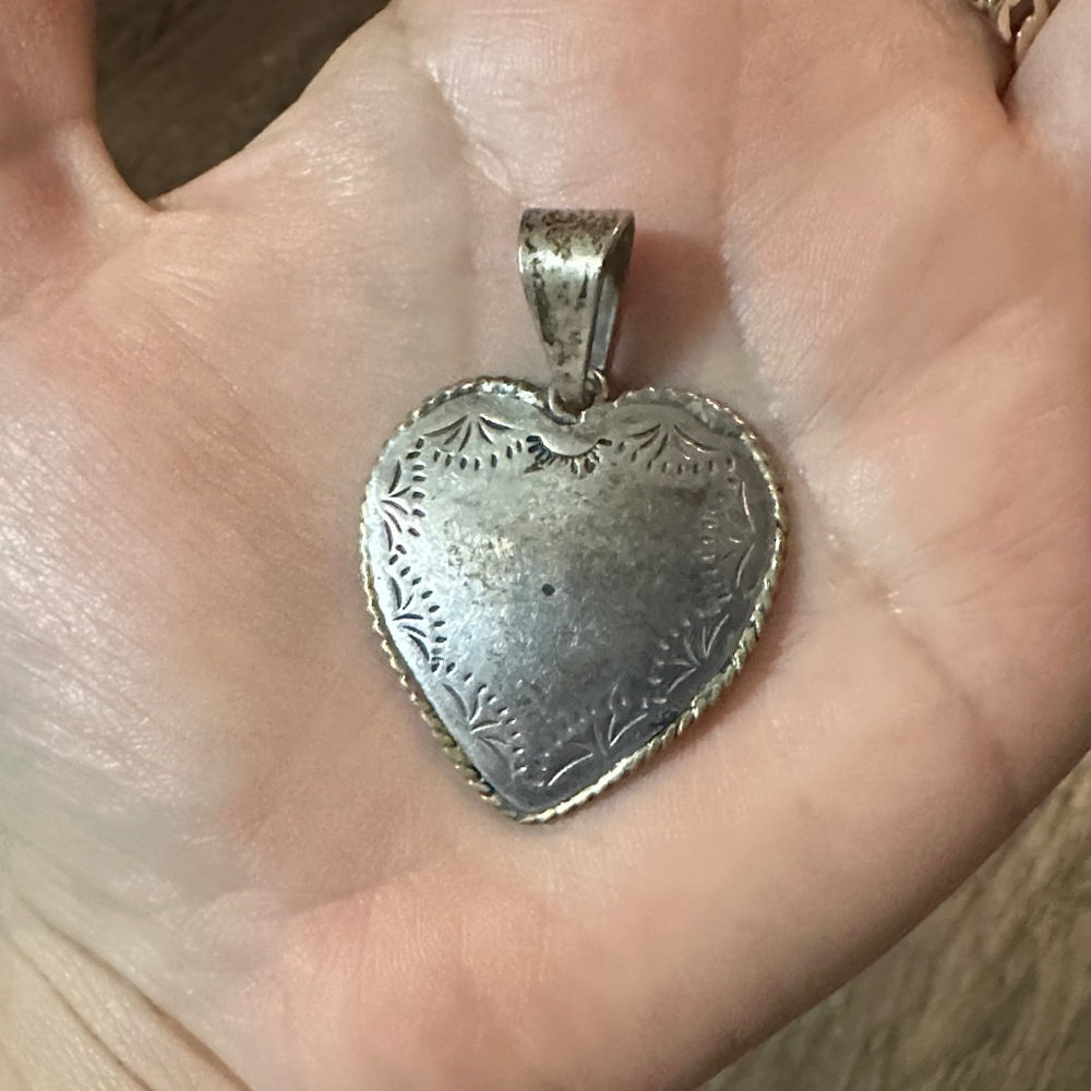 Vintage Sterling Signed Mexico Heart Shape Tribal Etched Stampwork Charm Pendant